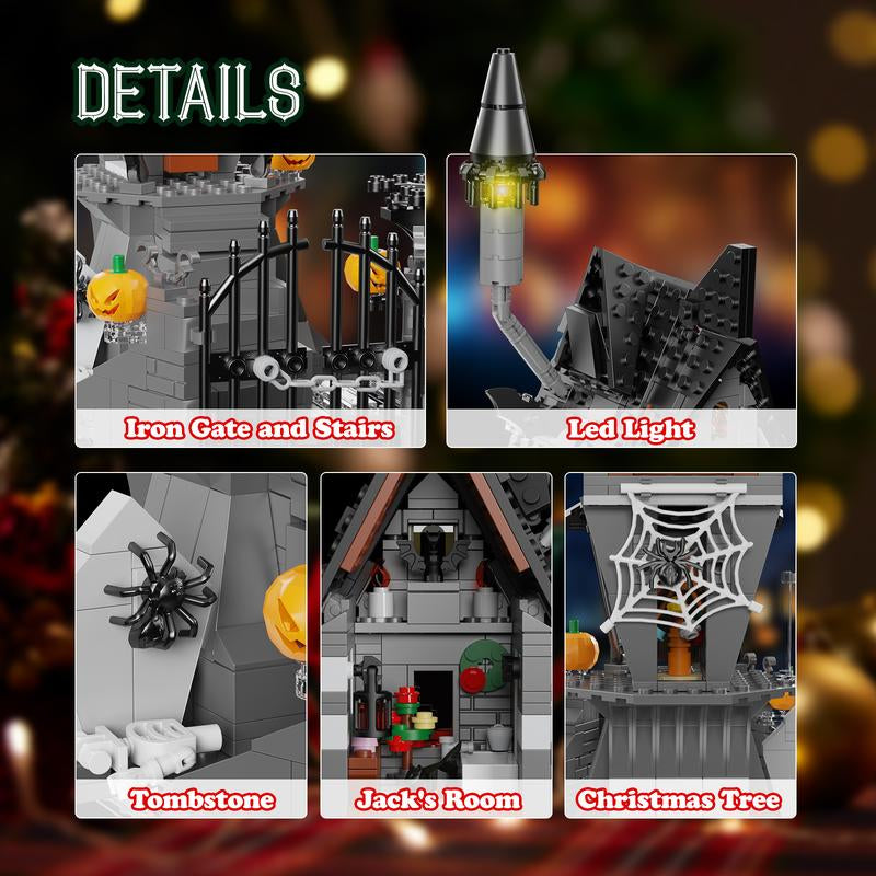 (568 Pcs) Halloween Night Haunted Mansion Jack House Building Blocks Set Model with Glowing Lighting, Ideal Christmas & Halloween Gifts for Fans and Kids Toys