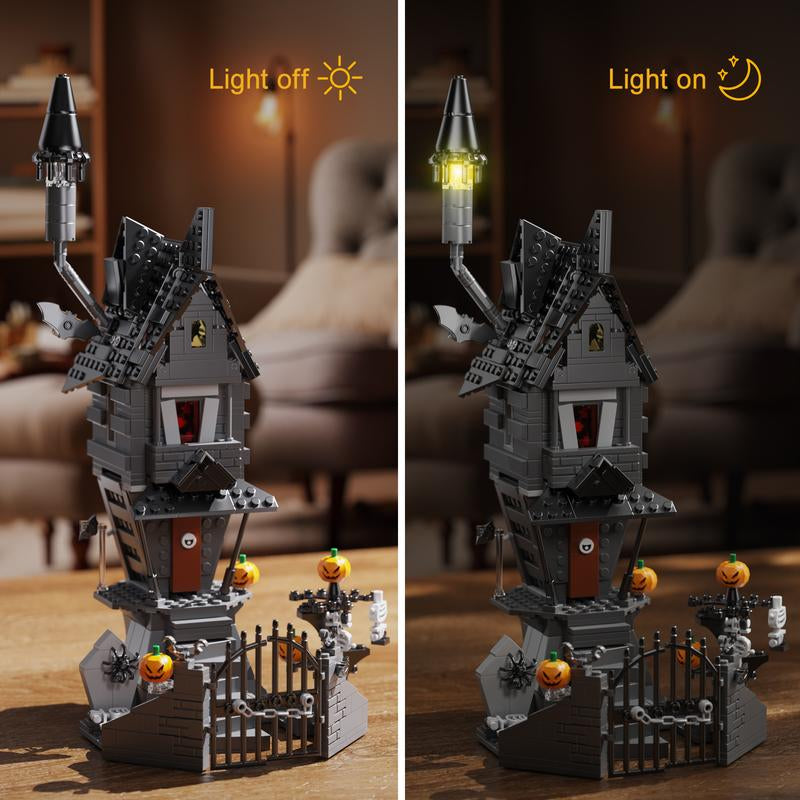 (568 Pcs) Halloween Night Haunted Mansion Jack House Building Blocks Set Model with Glowing Lighting, Ideal Christmas & Halloween Gifts for Fans and Kids Toys