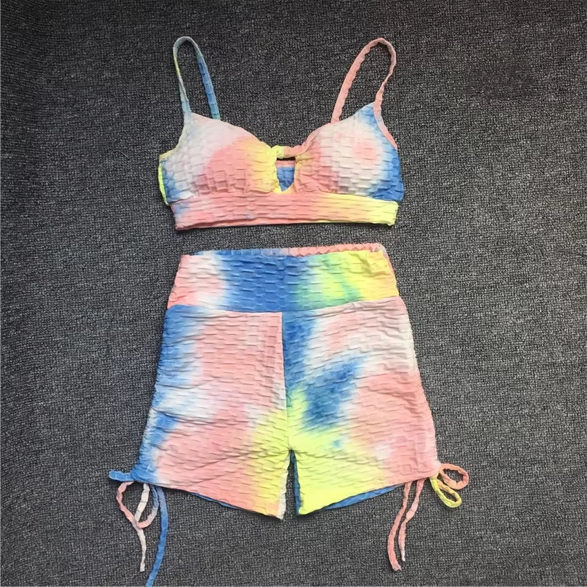 QK 2025 Pad Summer Women 2PCS Scrunch Booty Shorts Yoga Sets Gym Suits Workout Sports Bra Active Wear Outfits Fitness Suits