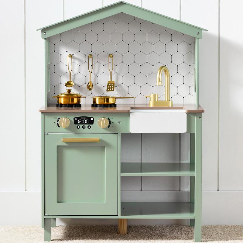 Best Choice Products Pretend Play Wooden Farmhouse Kitchen Set W/ Storage, Clicking Knobs, 5 Accessories