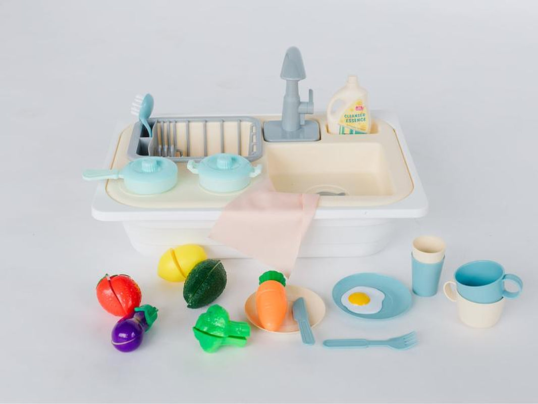 Beright Play Kitchen Sink Toys with Large Bin for Pretend Kitchen Play Learning Toys Toddler Toys Realistic Kitchen Dishwasher Toy Water Circulation System Faucet Tableware Accessories Durable