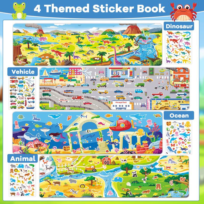 Chiazllta 4 Sets Large Reusable Sticker Books for Toddlers 3-4,Montessori Busy 160Pcs Jelly Stickers, Educational Sticker for Kids 3-5,Travel Toys Activities Crafts Birthdaygifts for Boysgirls35*11Inch（Animal Dinosaur Ocean Vehicle ）