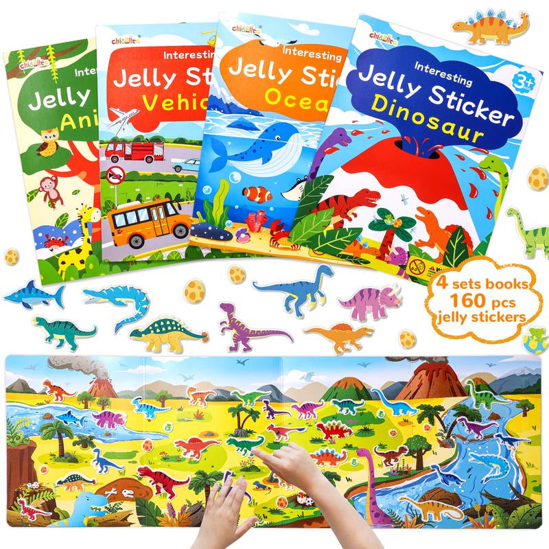 Chiazllta 4 Sets Large Reusable Sticker Books for Toddlers 3-4,Montessori Busy 160Pcs Jelly Stickers, Educational Sticker for Kids 3-5,Travel Toys Activities Crafts Birthdaygifts for Boysgirls35*11Inch（Animal Dinosaur Ocean Vehicle ）