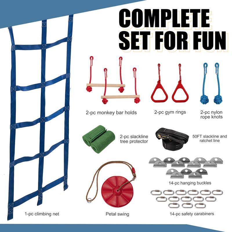 [Dealsforyoudays] MOPHOTO Ninja Obstacle Course for Kids Backyard, 8 Durable Obstacles and 50' Slackline, Outdoor Warrior Obstacle Playset Equipment for Girls & Boys with Swing, Climbing Net, Ladder & Monkey Bars