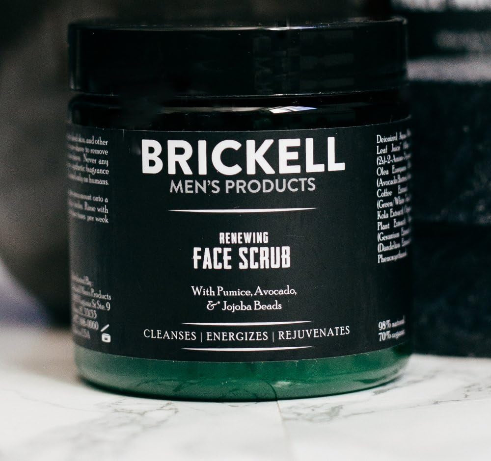 Brickell Men'S Scrub Viso Rinnovatore per Uomo, Naturale E Biologico, Scrub Viso Esfoliante Formulato Con Perline Di Jojoba, Extra Di Caffè E Pomice, 118Ml, Profumato