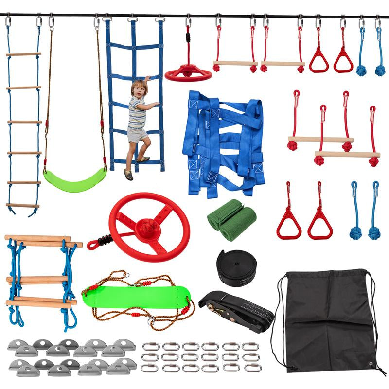 [Dealsforyoudays] MOPHOTO Ninja Obstacle Course for Kids Backyard, 8 Durable Obstacles and 50' Slackline, Outdoor Warrior Obstacle Playset Equipment for Girls & Boys with Swing, Climbing Net, Ladder & Monkey Bars