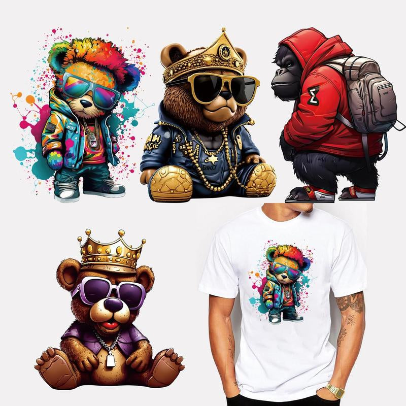 Graffiti Bear Iron on Transfers Decals Urban Cartoon Vinyl Heat Transfer Patch Ready to Press for Street Wear T-Shirts
