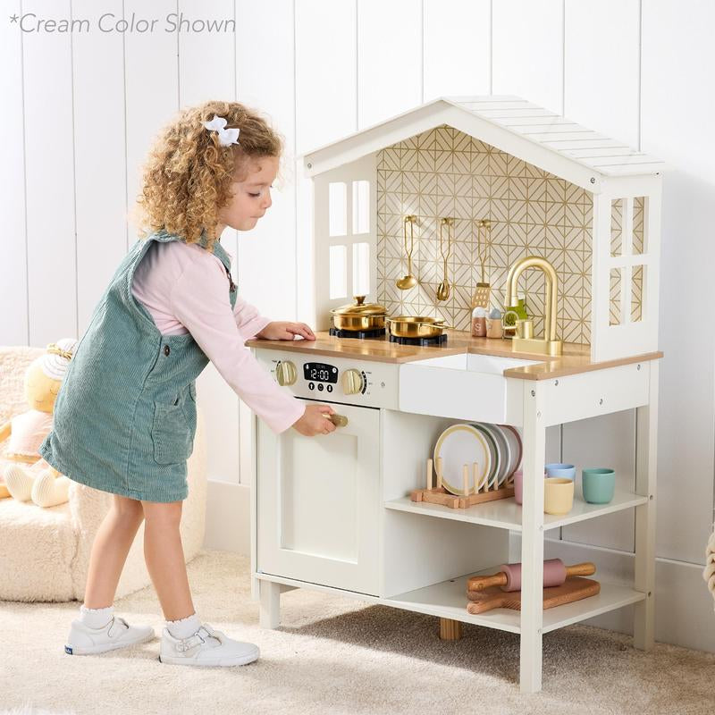 Best Choice Products Pretend Play Wooden Farmhouse Kitchen Set W/ Storage, Clicking Knobs, 5 Accessories