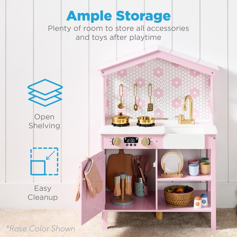 Best Choice Products Pretend Play Wooden Farmhouse Kitchen Set W/ Storage, Clicking Knobs, 5 Accessories