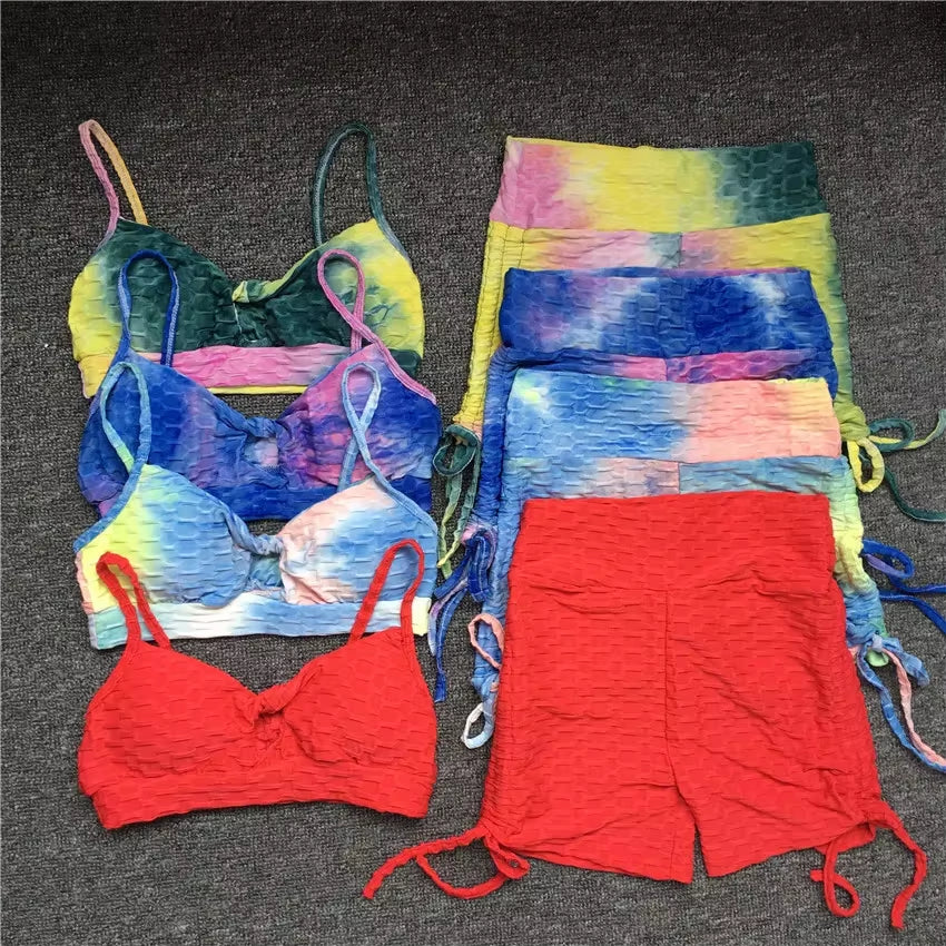 QK 2025 Pad Summer Women 2PCS Scrunch Booty Shorts Yoga Sets Gym Suits Workout Sports Bra Active Wear Outfits Fitness Suits