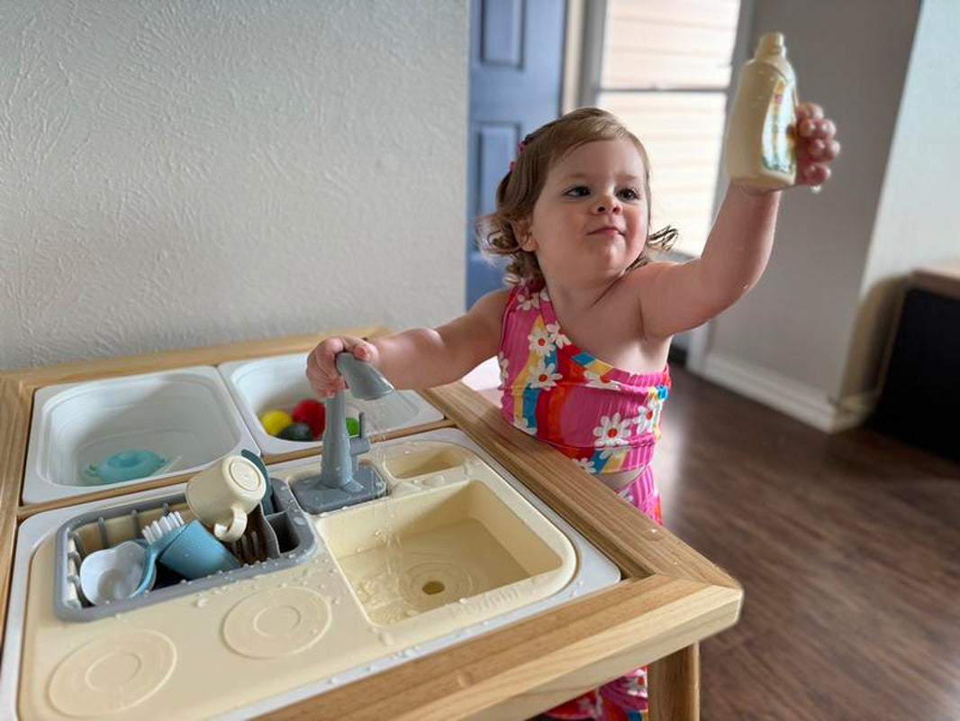 Beright Play Kitchen Sink Toys with Large Bin for Pretend Kitchen Play Learning Toys Toddler Toys Realistic Kitchen Dishwasher Toy Water Circulation System Faucet Tableware Accessories Durable